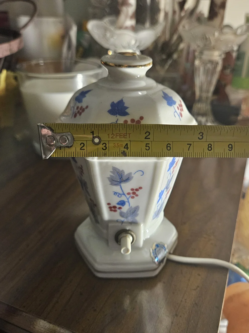 White Porcelain Electric Accent Lamp with Blue Leaf and Red Berry Motif